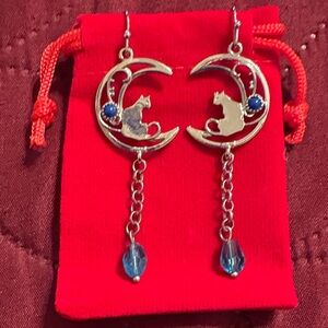 Elegant Silver Cat Moon Earrings with Blue Accents
